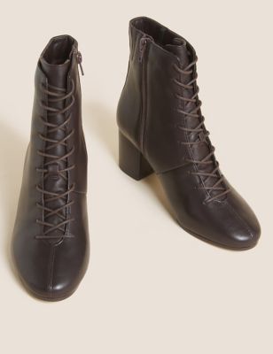 M&S Womens Leather Lace Up Block Heel Ankle Boots