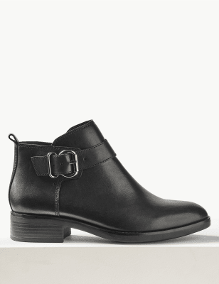 

Womens M&S Collection Flache, knöchelhohe Stiefel aus Leder mit Schnalle - Black, Black