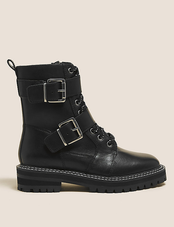 Leather Chunky Buckle Ankle Boots