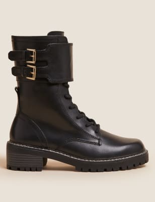 

Womens M&S Collection Leather Biker Lace Up Cleated Flat Boots - Black, Black