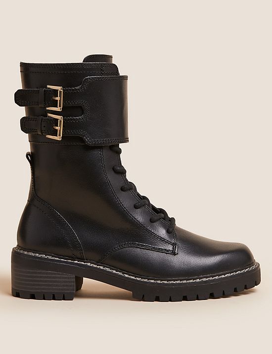 Leather Biker Lace Up Cleated Flat Boots