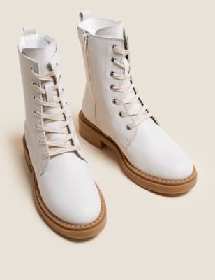 M&S Per Una Womens Leather Lace Up Ankle Boots - 3.5 - Ivory, Ivory