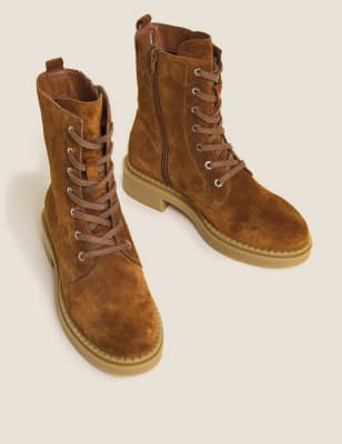 M&S Per Una Womens Suede Biker Lace Up Boots - 5.5 - Tan, Tan,Black