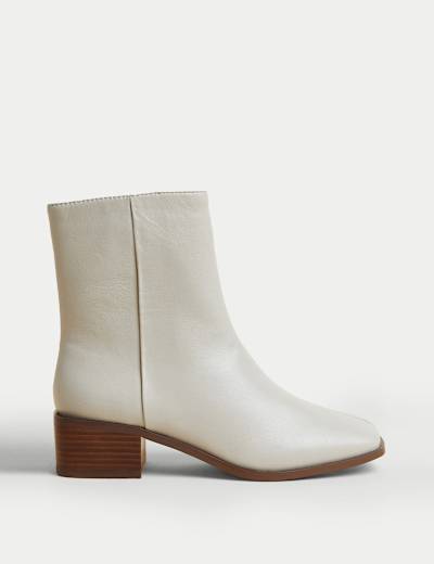 Leather Block Heel Square Toe Ankle Boots