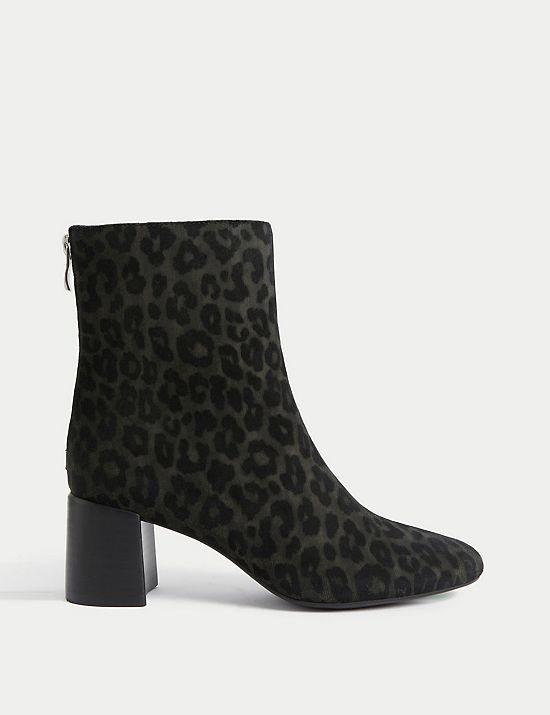 Suede Leopard Print Block Heel Ankle Boots