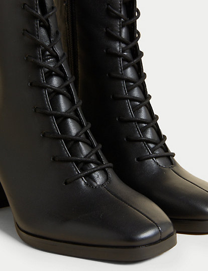 Leather Lace Up Block Heel Ankle Boots