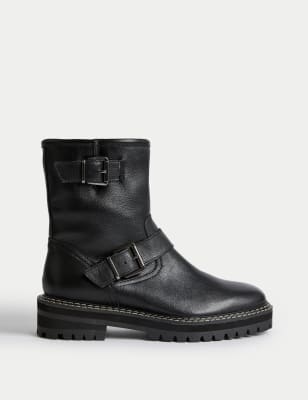 Flat leather biker on sale boots