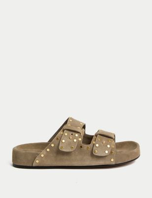 Suede Studded Footbed Mules