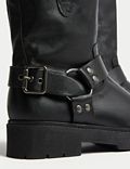 Leather Biker Buckle Flat Round Toe Boots