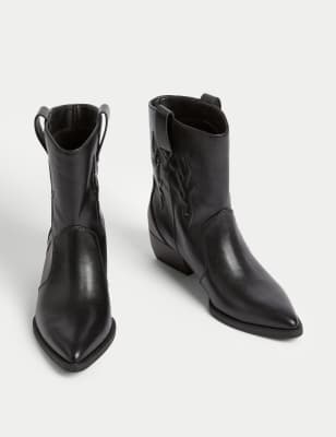 M&S Womens Cow Boys Block Heel Boots - 3 - Black, Black