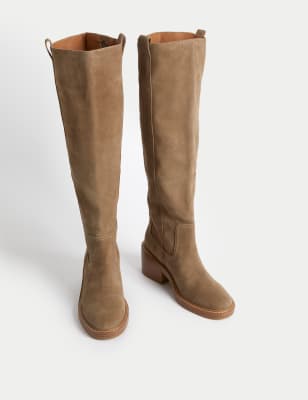 Suede Block Heel Knee High Boots