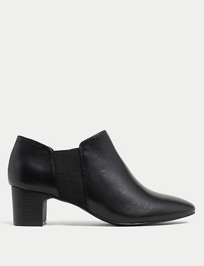 M&S Collection Leather Block Heel Shoe Boots - 3 - Black, Black