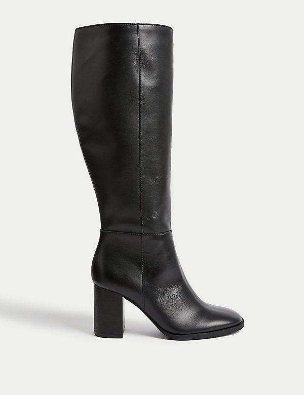 Leather Block Heel Knee High Boots - AT