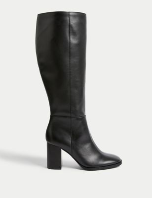 M&S Womens Leather Block Heel Knee High Boots - 3 - Black, Black