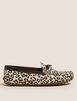 Womens M&S Collection Wide Fit Leather Animal Print Boat Shoes - Soft Brown Mix, Soft Brown Mix