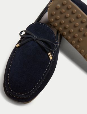 Womens M&S Collection Wide Fit Suede Bow Boat Shoes - Navy