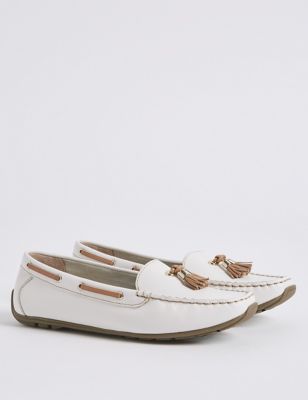 M&S Womens Wide Fit Leather Tassel Boat Shoes