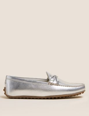 Womens M&S Collection Wide Fit Leather Bow Boat Shoes - Silver, Silver