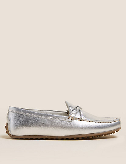 M&S Collection Wide Fit Leather Bow Boat Shoes - 3.5 - Silver, Silver