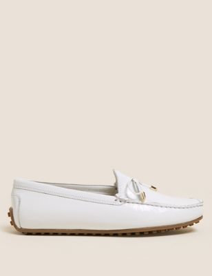 Womens M&S Collection Wide Fit Leather Bow Boat Shoes - White, White
