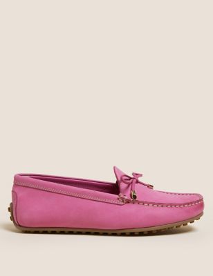 Womens M&S Collection wide fit leather bow boat shoes - pink, pink