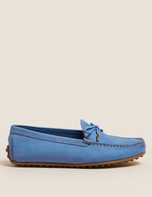 Womens M&S Collection Wide Fit Leather Bow Boat Shoes - Blue, Blue