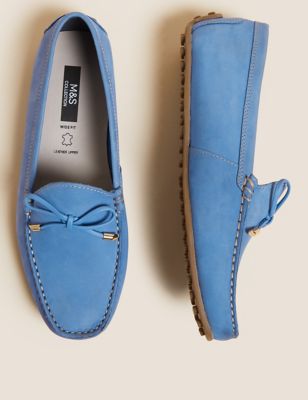 Womens M&S Collection Wide Fit Leather Bow Boat Shoes - Blue
