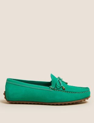 Womens M&S Collection Wide Fit Leather Bow Boat Shoes - Green, Green