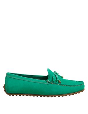 Womens M&S Collection Wide Fit Leather Bow Boat Shoes - Green