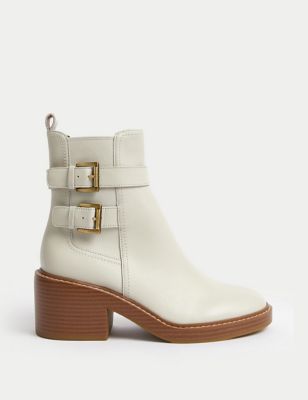 Leather Buckle Block Heel Ankle Boots