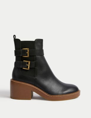 Leather Buckle Block Heel Ankle Boots - CA