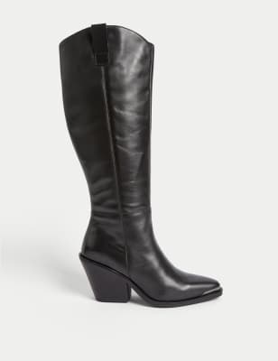 Leather Cow Boy Block Heel Knee High Boots