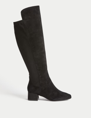 Black suede over the knee block heel clearance boots