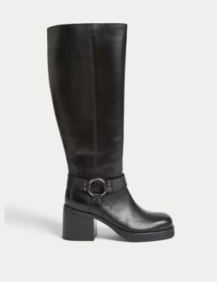 Knee high leather boots block clearance heel