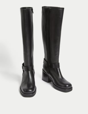 Leather Block Heel Knee High Boots