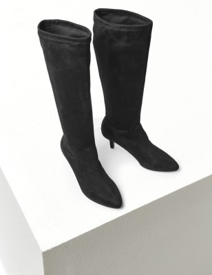 black leather knee high boots kitten heel