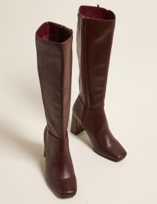 Cross strap block discount heel knee high boots