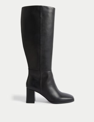 Leather Block Heel Knee High Boots