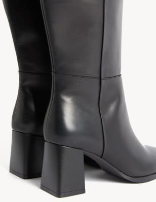 Wide Fit Black Leather-Look Stretch Block Heel Knee High Boots