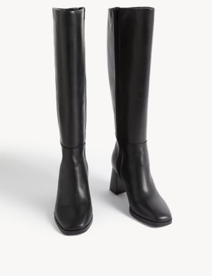 Leather Block Heel Knee High Boots