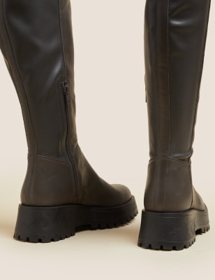 

Womens M&S Collection Kniehohe, klobige, flache Lederstiefel - Mid Grey, Mid Grey