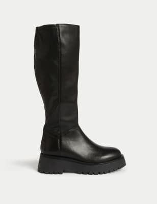 Leather Chunky Flatform Knee High Boots | M&S US