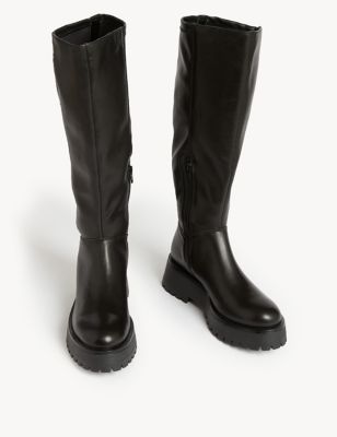Leather Chunky Flatform Knee High Boots