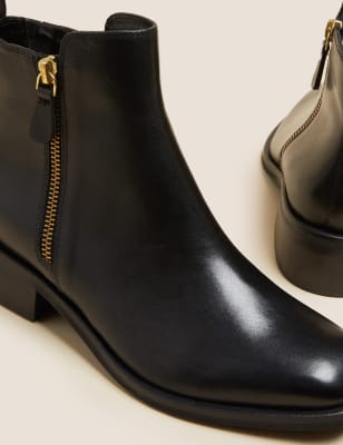 Leather Block Heel Square Toe Ankle Boots