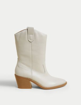 Leather Cow Boy Block Heel Ankle Boots - EE
