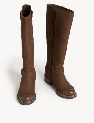 Wide Fit Leather Block Heel Knee High Boots