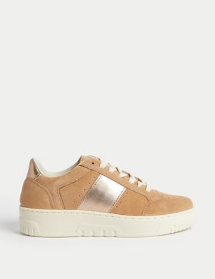 M&S Womens Suede Lace Up Trainers - 3 - Sand, Sand,Red Mix