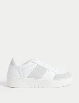 M&S Womens Leather Lace Up Trainer - 3 - White Mix, White Mix,Multi/Pastel