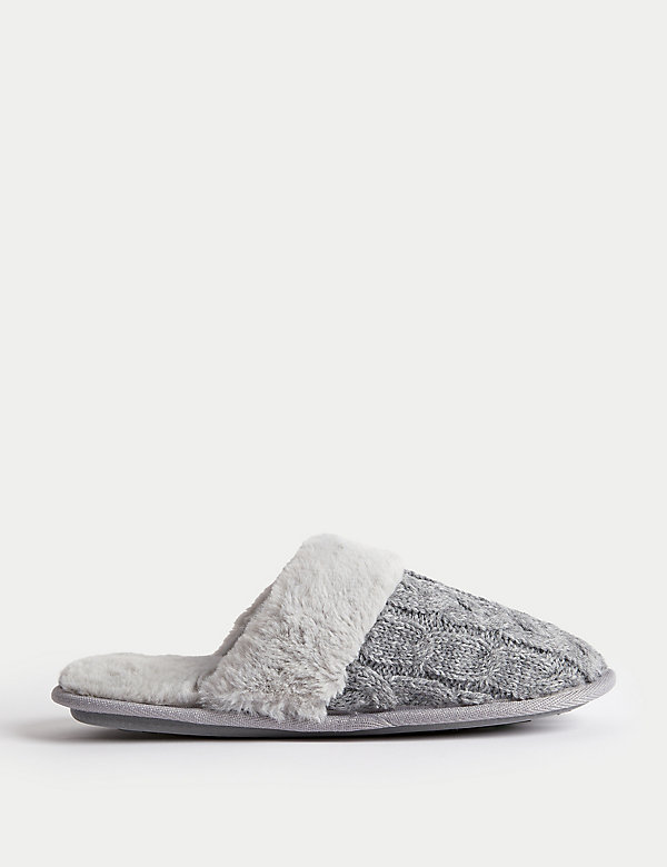 Cable Knit Faux Fur Lined Mule Slippers - CA