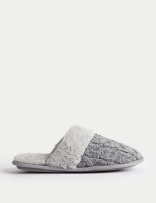 M&S Womens Cable Knit Faux Fur Lined Mule Slippers - 5 - Grey, Grey
